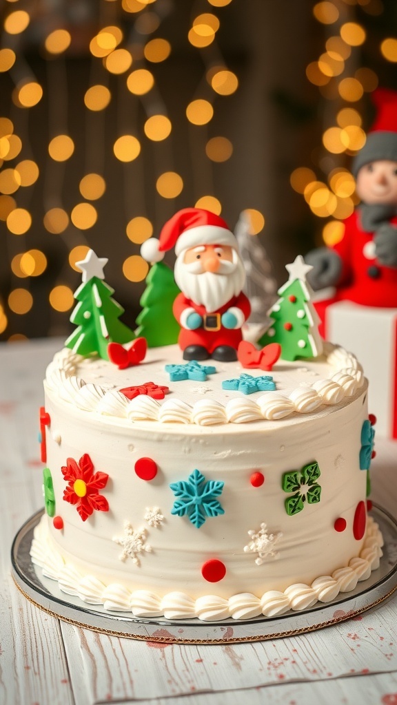 Kawaii Christmas Cake Recipe A Kawaii Christmas cake with colorful decorations, featuring Santa and snowflakes, on a festive table.
